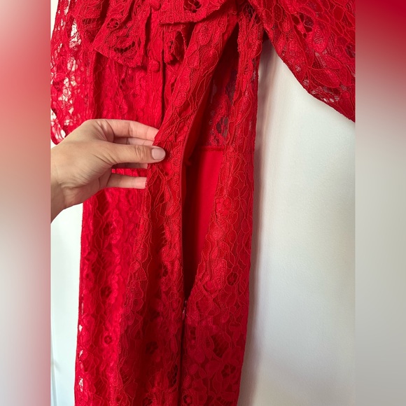 Zara Red Lace Midi Dress Button Down Size M Off-shoulder A Line Dress - Picture 15 of 15
